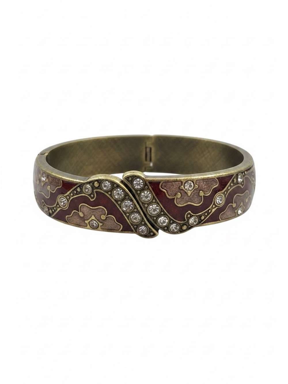 Vintage Cloisonné Brown and Crystal colored hinged Bangle Bracelet